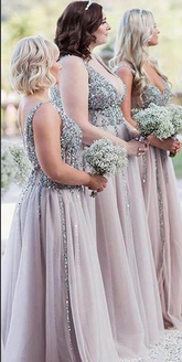 Sparkly Beaded V-Neck Long Sequined Tulle Bridesmaid Dresses - MyChicDress